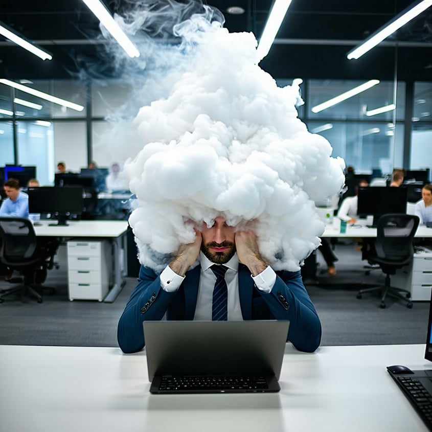 photo of a man in business attire is sitting in a work desk in the middle of a modern office He is sitting looking down at a lap top with his head in his hands His head is completely made of white fluffy cloud and smoke Other people are sitting in th-3