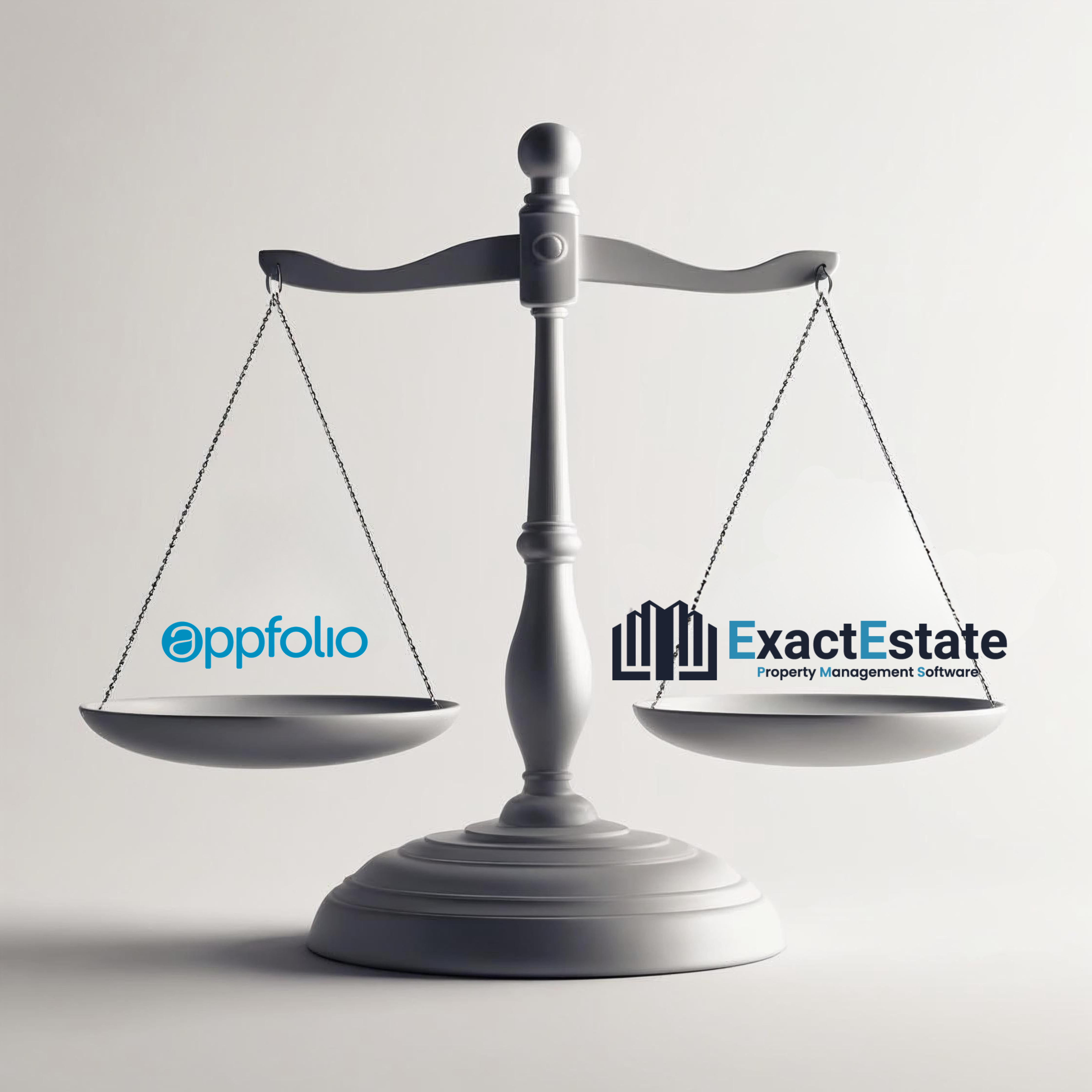 A balanced scale comparing AppFolio and ExactEstate logos, symbolizing a decision between two property management software platforms